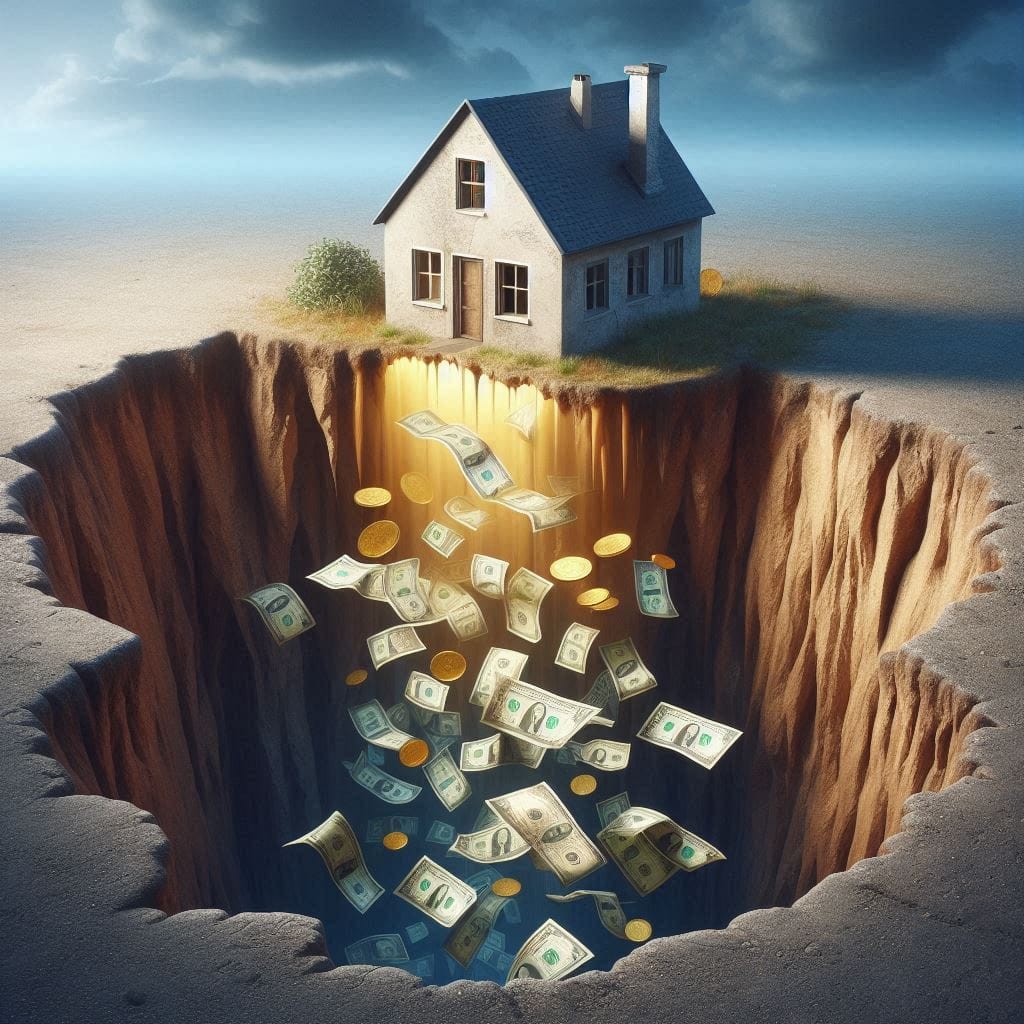 AI image of a chasm opening in front of a house with paper and coin money falling in.